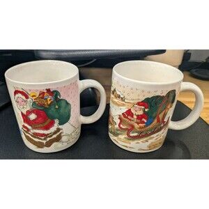Vintage 1995 Creation House Sample Christmas Mugs Santa Sleigh Set Of 2
